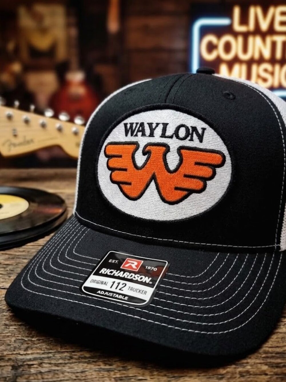 Waylon Jennings Flying W Patch Black White Richardson 112 Snapback Hat New Retro